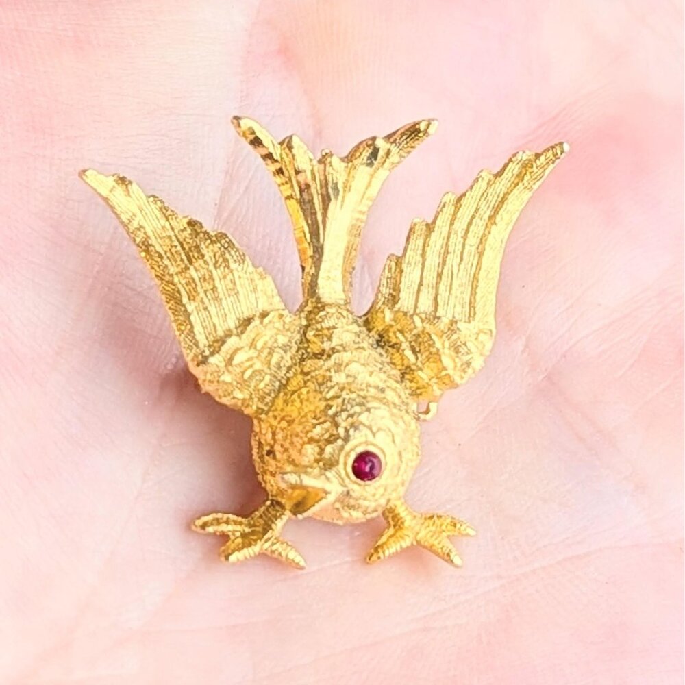 Vintage Mid-Century Gold Bird Brooch Pin Red Rhinestone Scarf Pin for Bird Lover